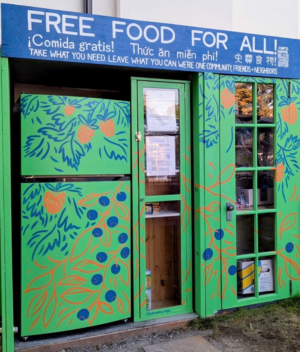 A fridge and pantry set up by Seattle Community Fridge.